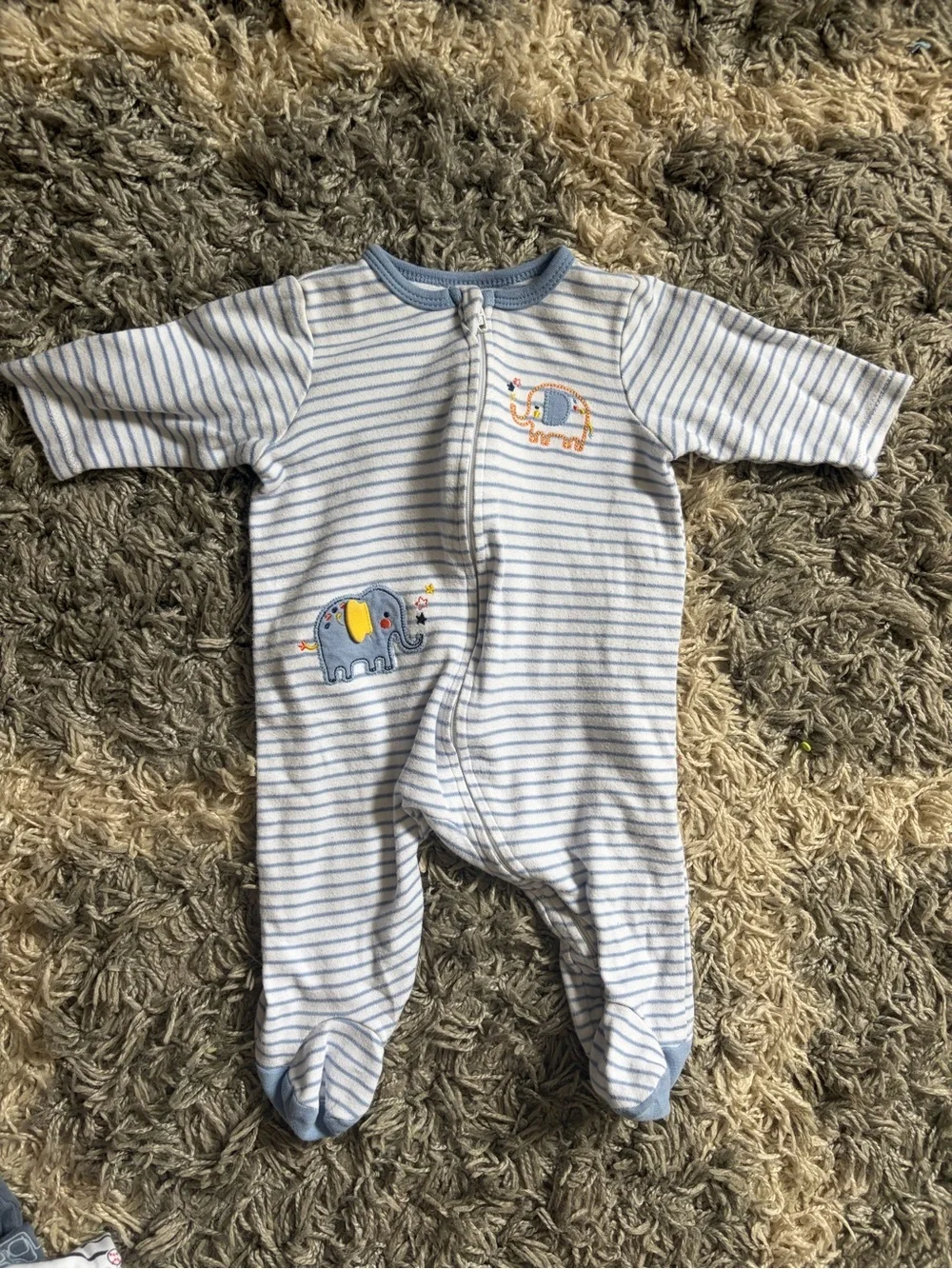 Little Me Blue & White Striped Footed One-Piece with Elephant Appliqués